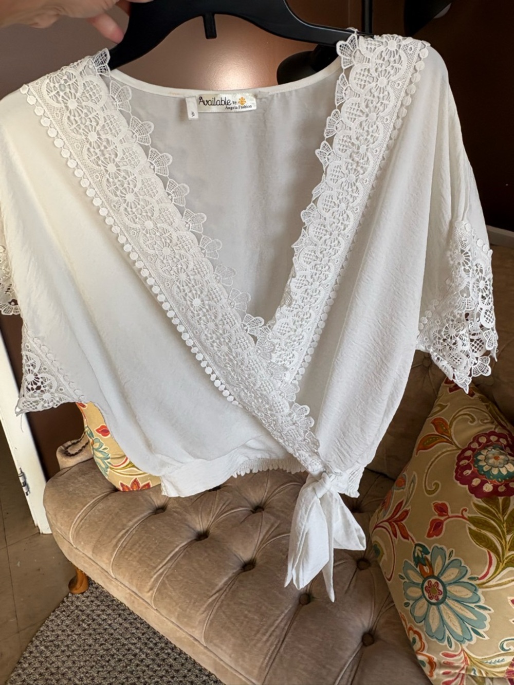 Available White Lace Trim Wrap Top